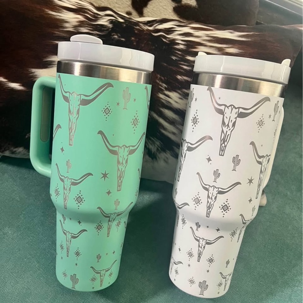 Cow Skull Design Travel Mug Set - Mint Green and White